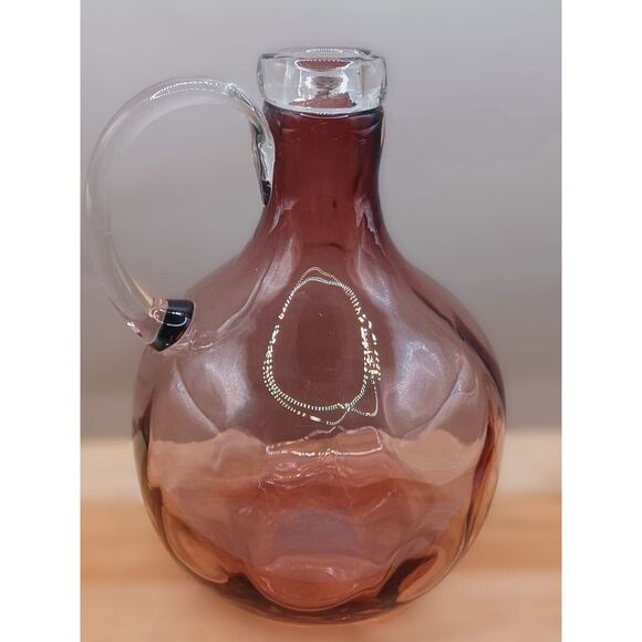 Hand Blown Amethyst Glass Round Jug Vase with Clear Applied Handle and Lip - Picture 1 of 13